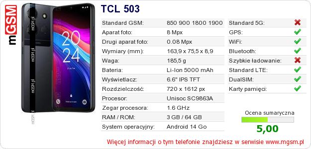 Dane telefonu TCL 503