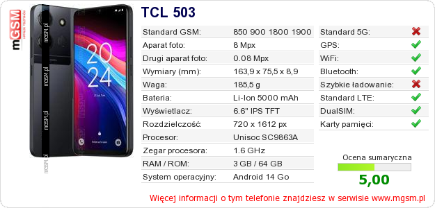 Dane telefonu TCL 503
