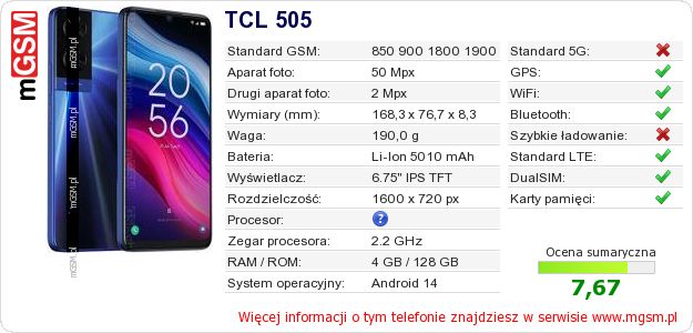 Dane telefonu TCL 505