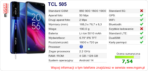 Dane telefonu TCL 505 Dane telefonu TCL 505