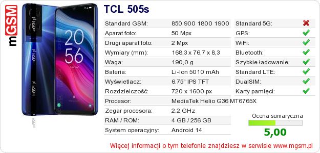 Dane telefonu TCL 505s Dane telefonu TCL 505s