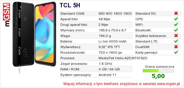 Dane telefonu TCL 5H