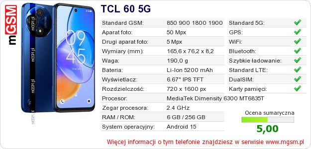 Dane telefonu TCL 60 5G