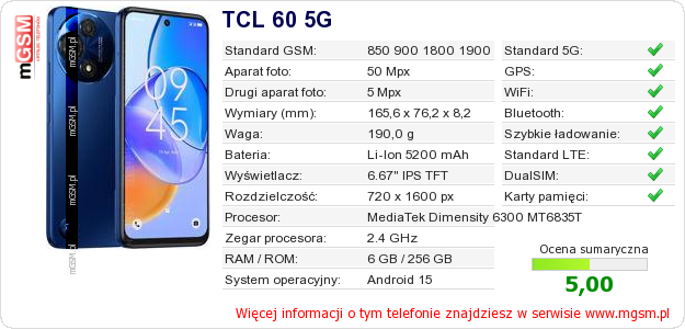 Dane telefonu TCL 60 5G