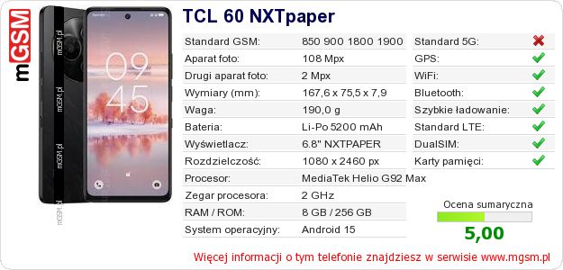 Dane telefonu TCL 60 NXTpaper