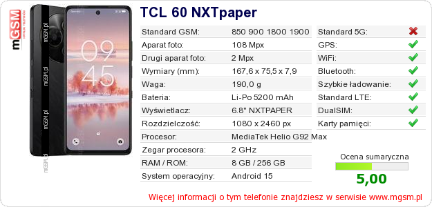Dane telefonu TCL 60 NXTpaper