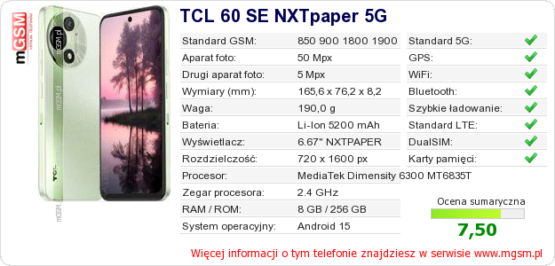 Dane telefonu TCL 60 SE NXTpaper 5G