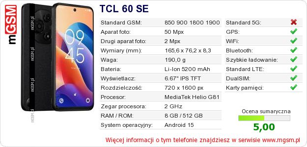Dane telefonu TCL 60 SE
