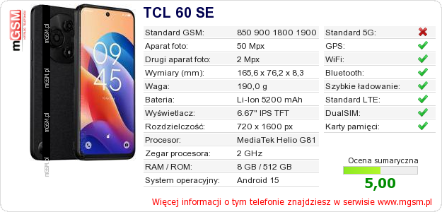 Dane telefonu TCL 60 SE