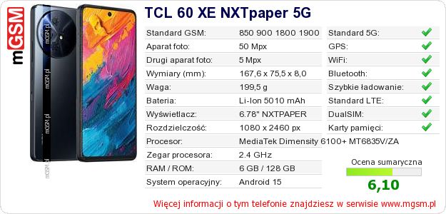 Dane telefonu TCL 60 XE NXTpaper 5G