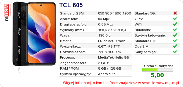 Dane telefonu TCL 605