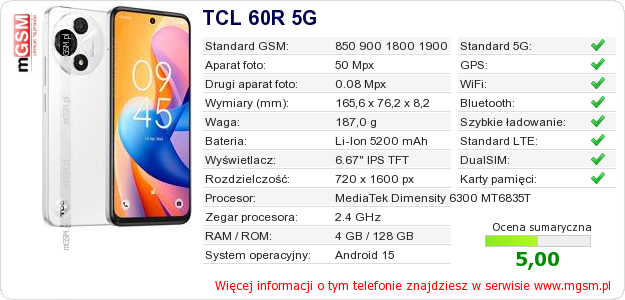 Dane telefonu TCL 60R 5G