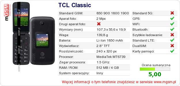 Dane telefonu TCL Classic