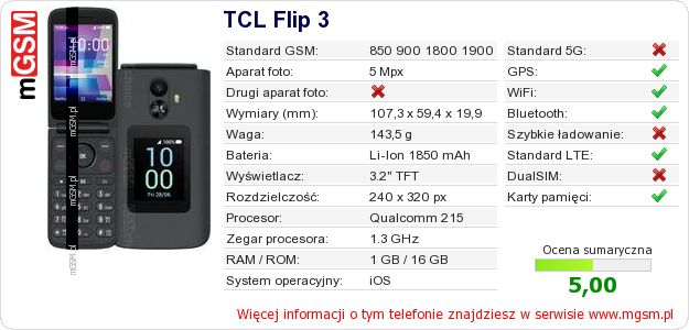 Dane telefonu TCL Flip 3