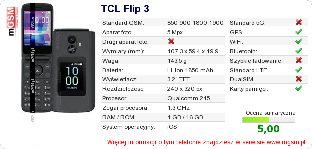 Dane telefonu TCL Flip 3