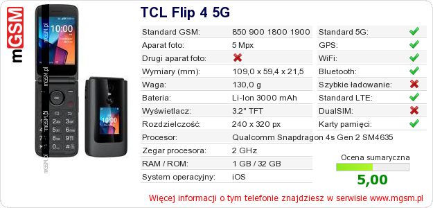 Dane telefonu TCL Flip 4 5G