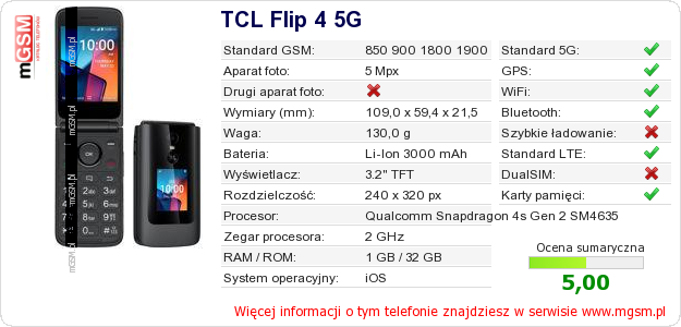 Dane telefonu TCL Flip 4 5G