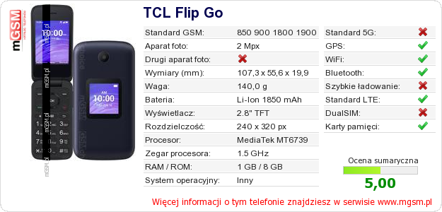 Dane telefonu TCL Flip Go