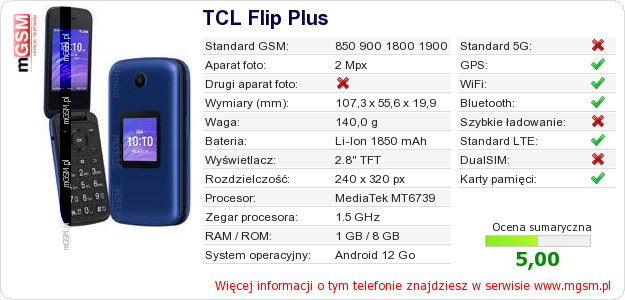 Dane telefonu TCL Flip Plus