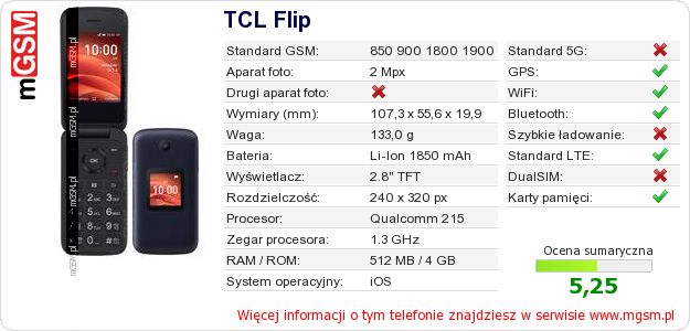 Dane telefonu TCL Flip