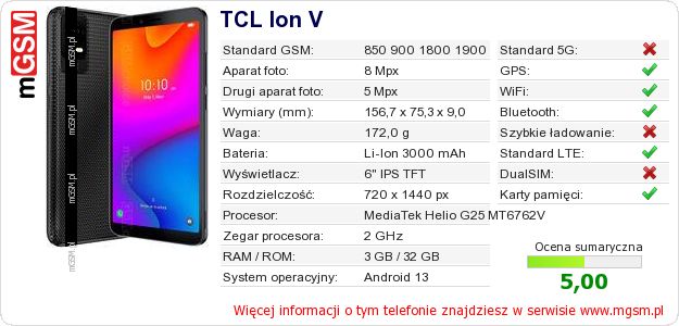 Dane telefonu TCL Ion V