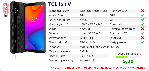 Dane telefonu TCL Ion V