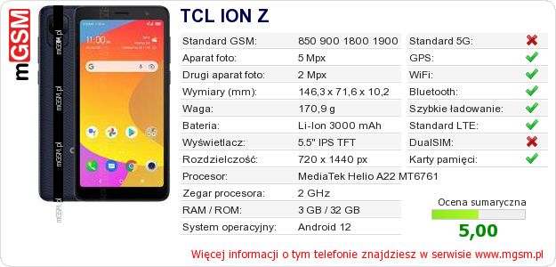 Dane telefonu TCL ION Z Dane telefonu TCL ION Z