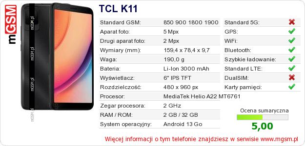 Dane telefonu TCL K11