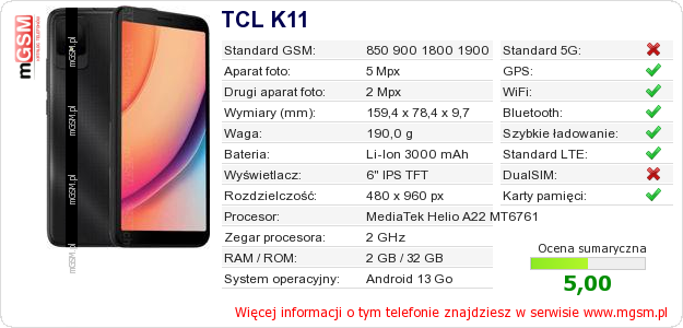 Dane telefonu TCL K11