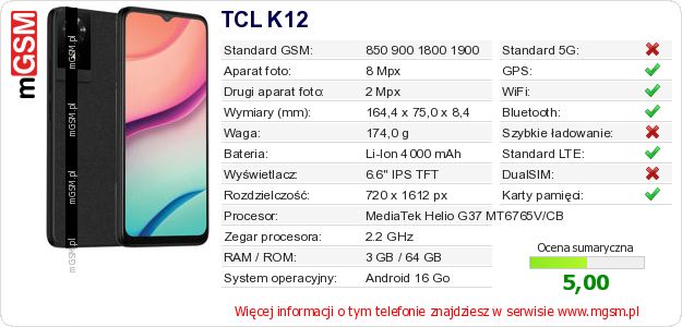 Dane telefonu TCL K12 Dane telefonu TCL K12