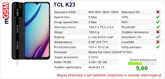 Dane telefonu TCL K23 Dane telefonu TCL K23
