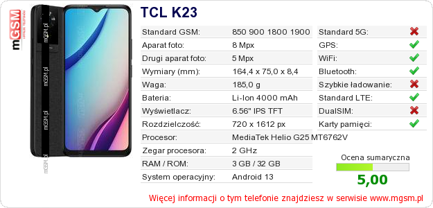 Dane telefonu TCL K23
