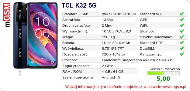 Dane telefonu TCL K32 5G Dane telefonu TCL K32 5G
