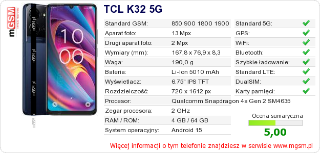 Dane telefonu TCL K32 5G