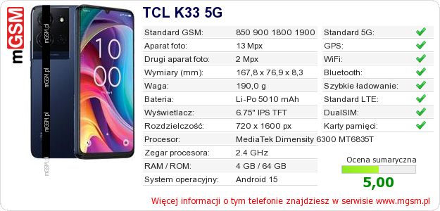 Dane telefonu TCL K33 5G