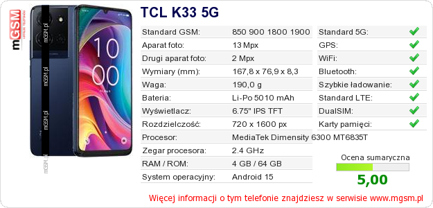 Dane telefonu TCL K33 5G