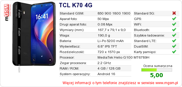 Dane telefonu TCL K70 4G