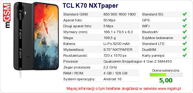 Dane telefonu TCL K70 NXTpaper Dane telefonu TCL K70 NXTpaper