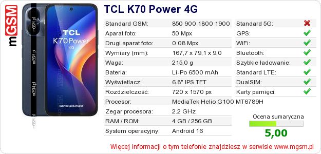Dane telefonu TCL K70 Power 4G