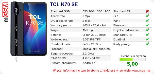 Dane telefonu TCL K70 SE Dane telefonu TCL K70 SE