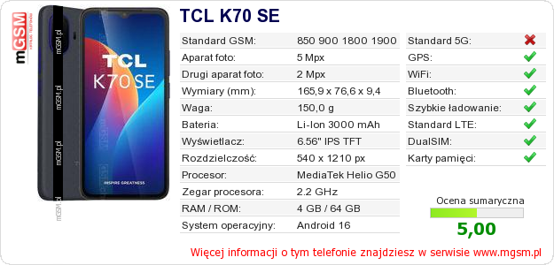 Dane telefonu TCL K70 SE