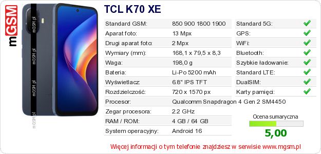 Dane telefonu TCL K70 XE Dane telefonu TCL K70 XE