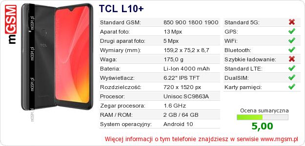 Dane telefonu TCL L10+