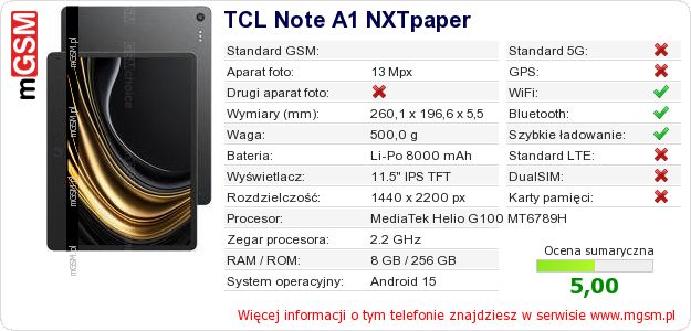 Dane telefonu TCL Note A1 NXTpaper Dane telefonu TCL Note A1 NXTpaper