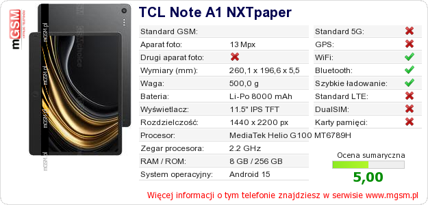 Dane telefonu TCL Note A1 NXTpaper