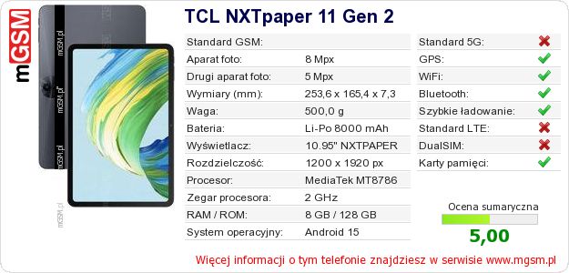 Dane telefonu TCL NXTpaper 11 Gen 2 Dane telefonu TCL NXTpaper 11 Gen 2