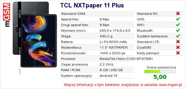 Dane telefonu TCL NXTpaper 11 Plus Dane telefonu TCL NXTpaper 11 Plus