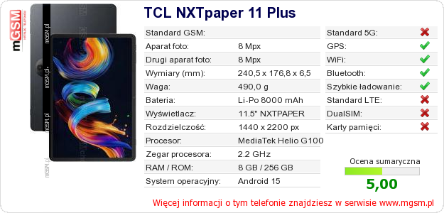 Dane telefonu TCL NXTpaper 11 Plus