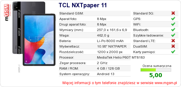 Dane telefonu TCL NXTpaper 11