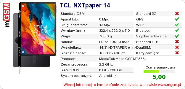 Dane telefonu TCL NXTpaper 14 Dane telefonu TCL NXTpaper 14